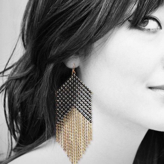 Blackpoint Fringed Mesh Earrings on model, handmade by Maral Rapp with enamel mesh recycled from a vintage metal mesh purse.