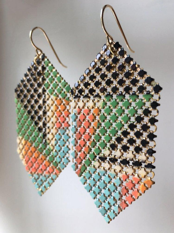 Cubism Modern Mesh Earrings, very rare, handmade with enamel mesh recycled from an antique metal mesh purses. by Maral Rapp, Modern Vintage Mesh Works