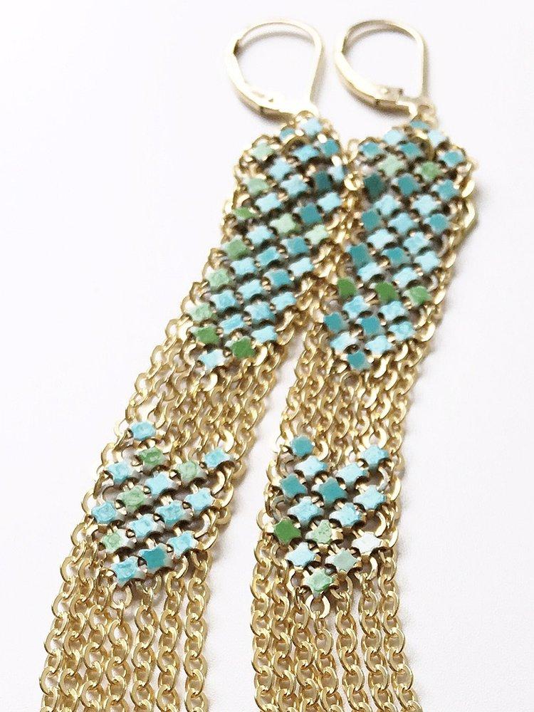 Detail of Aqua Stacked Duster Mesh Earrings, by Maral Rapp, handmade with metal mesh recycled from an antique enamel mesh purse