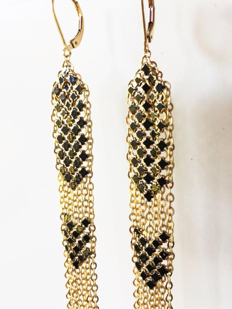 Detail of Black Stacked Mesh Earrings, Long Dusters, handmade with metal mesh recycled from an antique enamel mesh purse. by Maral Rapp
