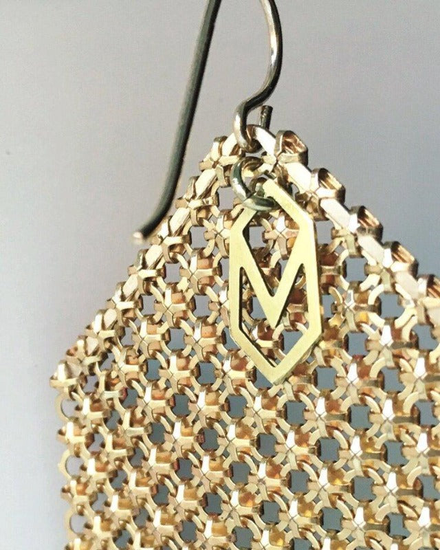 Logo signature tag on Maral Rapp recycled vintage metal mesh earrings