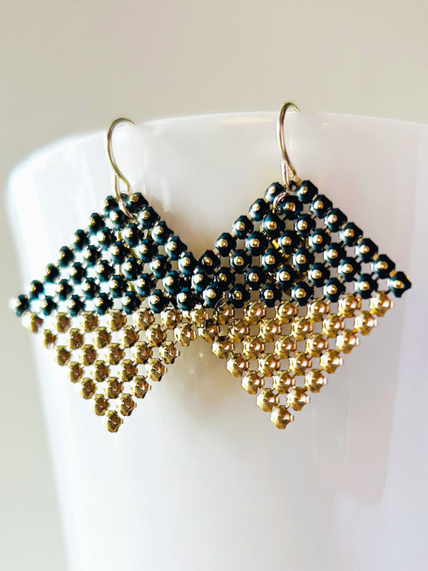 Bisect Mini-Stud Earrings - Black+Gold Mesh