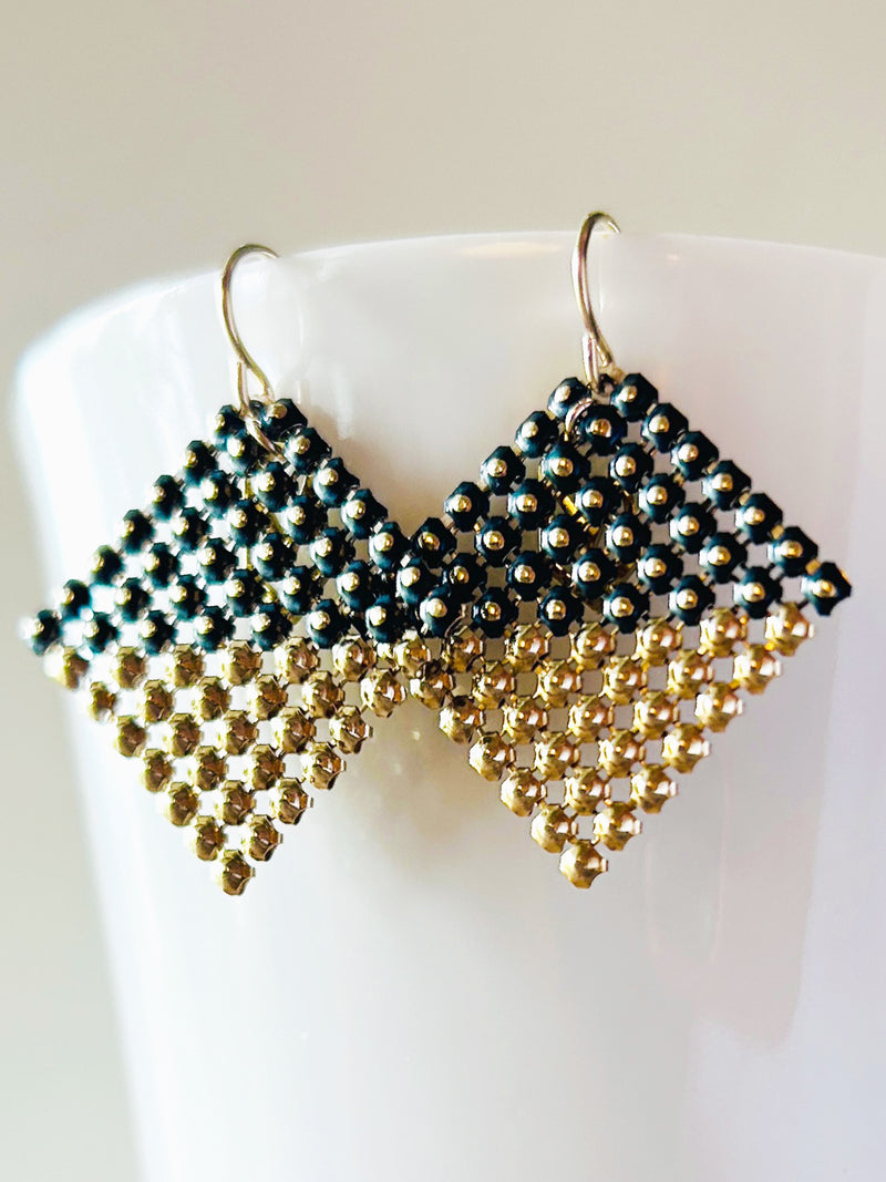 Bisect Mini-Stud Earrings - Black+Gold Mesh