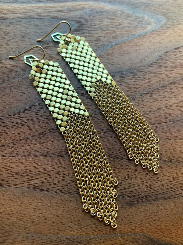 Long Fringed Gold Mesh Earrings