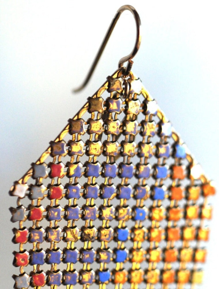 Faded Color Antique Mesh Earrings, handmade with metal mesh recycled from an antique enamel mesh purse. By Maral Rapp, Modern Vintage Mesh Works
