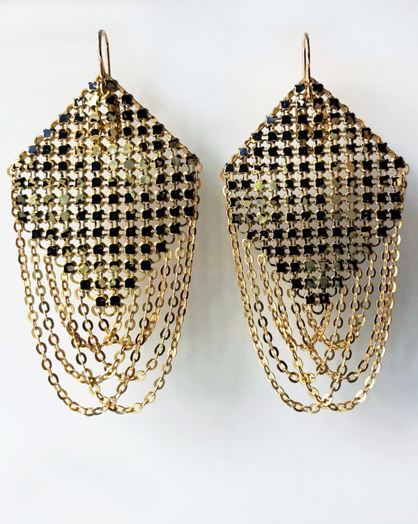 Swagged Lantern Mesh Earrings in Faded Black, handmade by Maral Rapp with enamel metal mesh recycled from an antique mesh purse. 