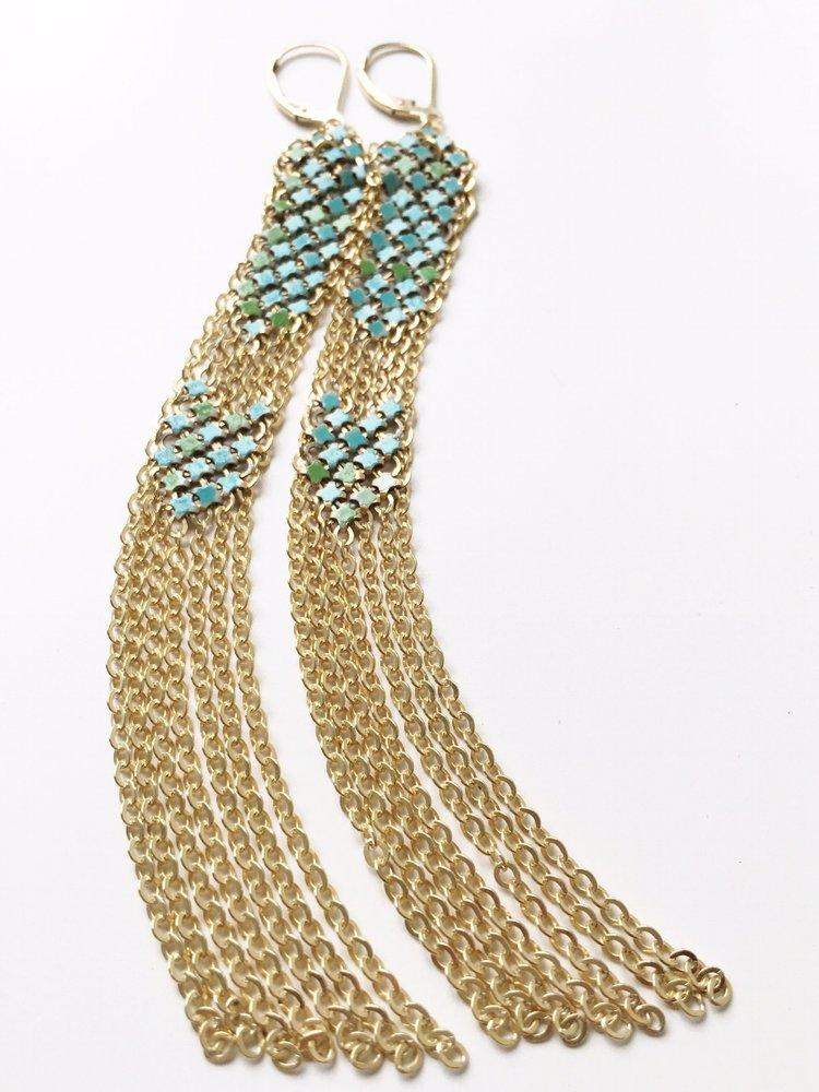 Aqua Stacked Duster Mesh Earrings, handmade with metal mesh recycled from an antique enamel mesh purse. by Maral Rapp, Modern Vintage Mesh Works 