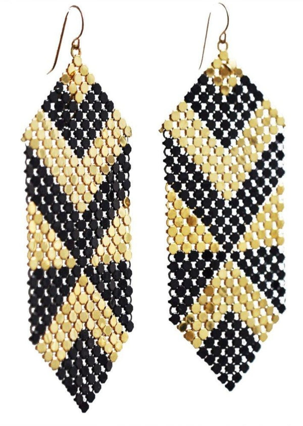 Deco Abstract Pieced Earrings, Black + Gold, handmade with mesh recycled from two vintage metal mesh purses. by Maral Rapp, Modern Vintage Mesh Works