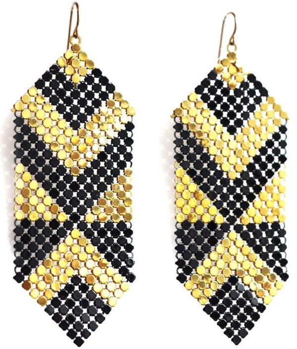 Deco Abstract Pieced Earrings, Black + Gold, handmade with mesh recycled from two vintage metal mesh purses. by Maral Rapp, Modern Vintage Mesh Works