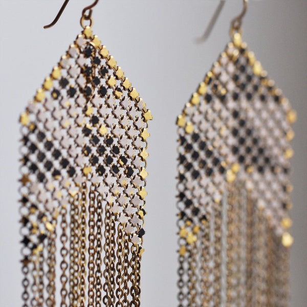 Black and White Fringed Mesh Earrings, handmade with metal mesh recycled from an antique enamel mesh purse. by Maral Rapp, Modern Vintage Mesh Works